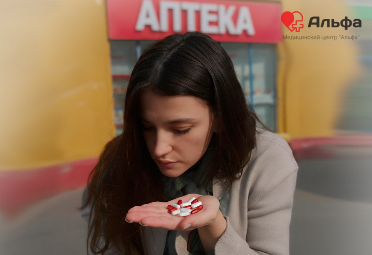 Женщина с таблетками напротив аптеки